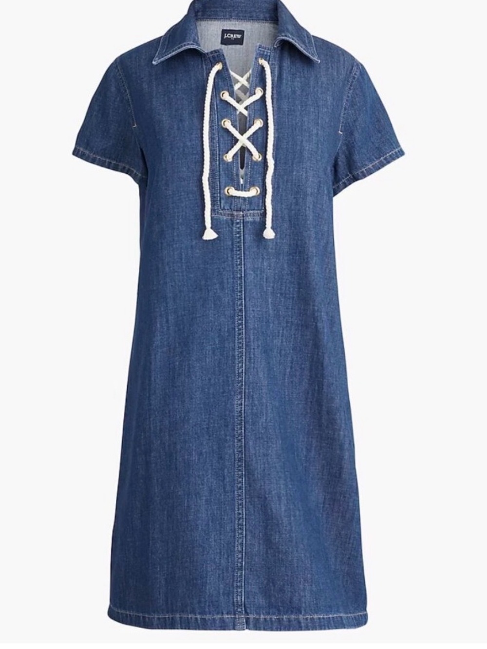 NWOT J. Crew Denim Chambray Lace-Up Shift Dress in Blue with White Cord